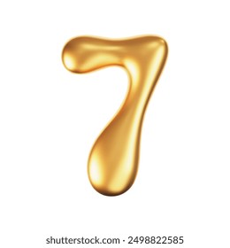 3d gold liquid number 7 in y2k style isolated on a white background. Render of 3d golden inflated figures with glossy effect. 3d vector y2k typography digit