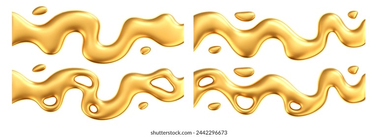 3d oro líquido conjunto de ondas con gotas aisladas sobre un fondo blanco. Render de la cinta dorada fluida con efecto de gradiente de reflexión volando en movimiento para el póster, cubierta. Fondo geométrico de vector 3d
