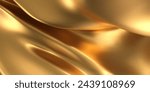 3d gold liquid silky background, golden fabric or metal foil smooth texture. Render of luxury cloth or curtain with wavy folds and shiny gradient effect flying in motion. 3d vector gold silk material