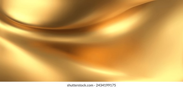 3d gold liquid silky background, golden fabric or metal foil smooth texture. Render of luxury cloth or curtain with wavy folds and shiny gradient effect flying in motion. 3d vector gold silk material