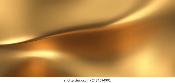 3d gold liquid silky background, golden fabric or metal foil smooth texture. Render of luxury cloth or curtain with wavy folds and shiny gradient effect flying in motion. 3d vector gold silk material