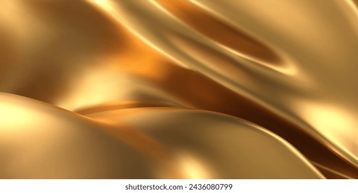 3D Gold flüssiger seidiger Hintergrund, goldener Stoff oder Metallfolie glatte Textur. Render von Luxustuch oder Vorhang mit welligen Falten und glänzendem Gradienteneffekt fliegen in Bewegung. 3D Vektor Gold Seidenmaterial