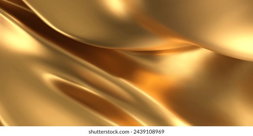 3d gold liquid silky background, golden fabric or metal foil smooth texture. Render of luxury cloth or curtain with wavy folds and shiny gradient effect flying in motion. 3d vector gold silk material