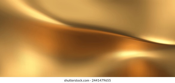 3d gold liquid silky background, golden fabric or metal foil smooth texture. Render of luxury cloth or curtain with wavy folds and shiny gradient effect flying in motion. 3d vector gold silk material