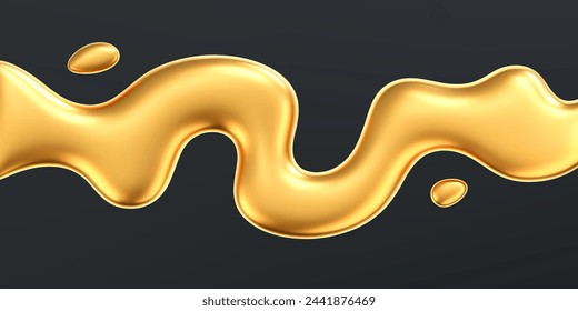 3d gold liquid wave with drops isolated on a dark background. Render of fluid golden ribbon with reflection gradient effect flying in motion concept for poster, cover. 3d vector geometric background