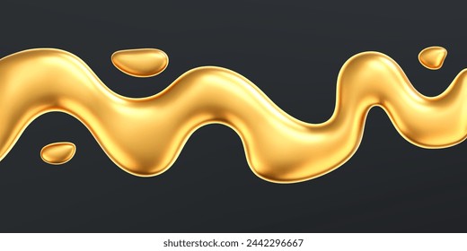 3d gold liquid wave with drops isolated on a dark background. Render of fluid golden ribbon with reflection gradient effect flying in motion concept for poster, cover. 3d vector geometric background