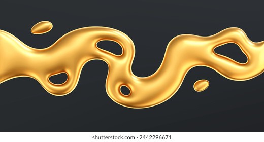 3d gold liquid wave with drops isolated on a dark background. Render of fluid golden ribbon with reflection gradient effect flying in motion concept for poster, cover. 3d vector geometric background