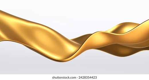 3d gold liquid wave, golden fluid silk ribbon isolated on light background. Render of luxury cloth or curtain with wavy folds and shiny gradient effect flying in motion. 3d vector motion background