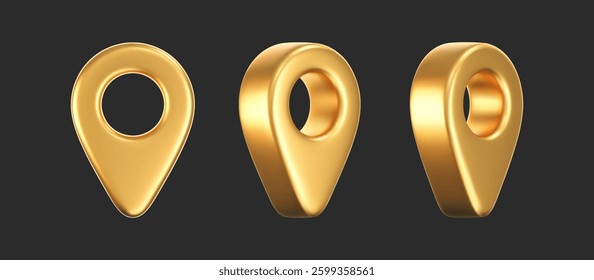 3D gold location pointer icon set isolated on a dark background. A render of a realistic golden direction sign and location map pin. Navigation GPS sign. 3D cartoon vector icon