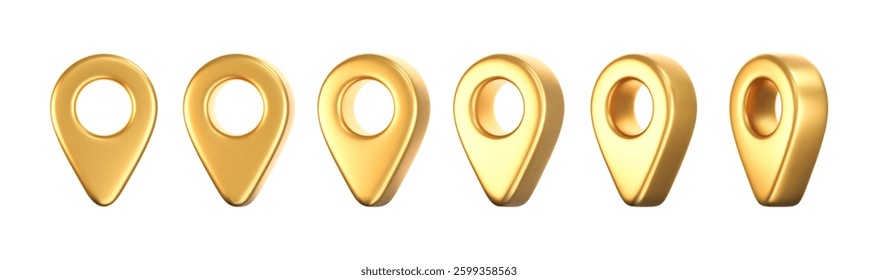 3D gold location pointer icon set isolated on a white background. A render of a realistic golden direction sign and location map pin. Navigation GPS sign. 3D cartoon vector icon