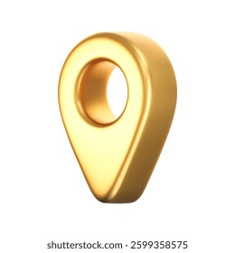 3D gold location pointer icon isolated on a white background. A render of a realistic golden direction sign and location map pin. Navigation GPS sign. 3D cartoon vector icon