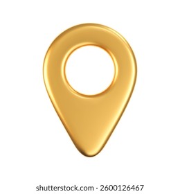 3D gold location pointer icon isolated on a white background. A render of a realistic golden direction sign and location map pin. Navigation GPS sign. 3D cartoon vector icon