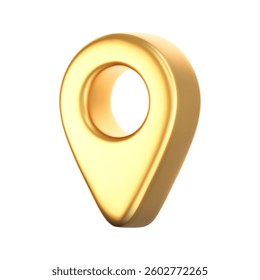 3D gold location pointer icon isolated on a white background. A render of a realistic golden direction sign and location map pin. Navigation GPS sign. 3D cartoon vector icon