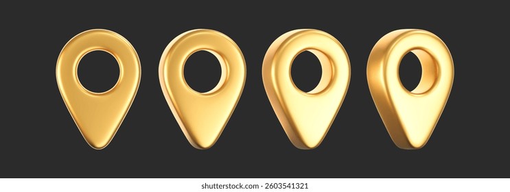 3D gold location pointer icon set isolated on a dark background. A render of a realistic golden direction sign and location map pin. Navigation GPS sign. 3D cartoon vector icon