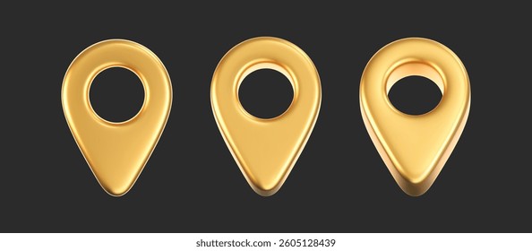3D gold location pointer icon set isolated on a dark background. A render of a realistic golden direction sign and location map pin. Navigation GPS sign. 3D cartoon vector icon