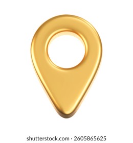 3D gold location pointer icon isolated on a white background. A render of a realistic golden direction sign and location map pin. Navigation GPS sign. 3D cartoon vector icon
