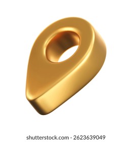 3D gold location pointer icon isolated on a white background. A render of a realistic golden direction sign and location map pin. Navigation GPS sign. 3D cartoon vector icon
