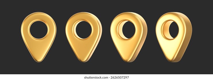 3D gold location pointer icon set isolated on a dark background. A render of a realistic golden direction sign and location map pin. Navigation GPS sign. 3D cartoon vector icon