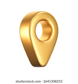 3D gold location pointer icon isolated on a white background. A render of a realistic golden direction sign and location map pin. Navigation GPS sign. 3D cartoon vector icon