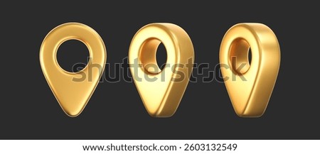 3D gold location pointer icon set isolated on a dark background. A render of a realistic golden direction sign and location map pin. Navigation GPS sign. 3D cartoon vector icon