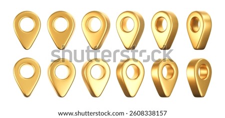 3D gold location pointer icon set isolated on a white background. A render of a realistic golden direction sign and location map pin. Navigation GPS sign. 3D cartoon vector icon