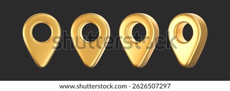 3D gold location pointer icon set isolated on a dark background. A render of a realistic golden direction sign and location map pin. Navigation GPS sign. 3D cartoon vector icon