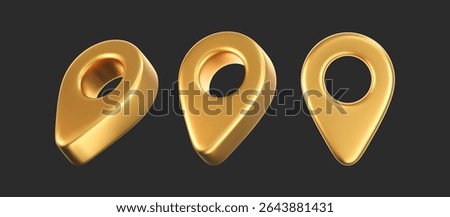 3D gold location pointer icon set isolated on a dark background. A render of a realistic golden direction sign and location map pin. Navigation GPS sign. 3D cartoon vector icon