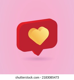 3D Gold Love icon with notifications, isolated on pink background. 3D social media notification, like Love gold icon design. Vector illustration.