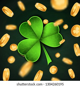 3d Gold lucky coins and Saint Patrick Day traditional symbol. Shamrock three leaf clover-modern trendy flyer