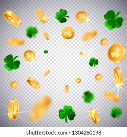 3D Gold lucky coins with Saint Patrick Day traditional symbol. Shamrock three leaf clovers-modern trendy flyer.