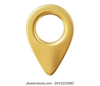 3d gold map location pointer. Pin code icon of the geolocation map. Cartoon style. Stock vector illustration on isolated background.