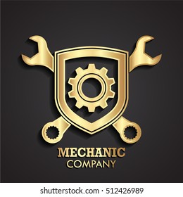 3d gold mechanic theme logo with shield gear and wrench