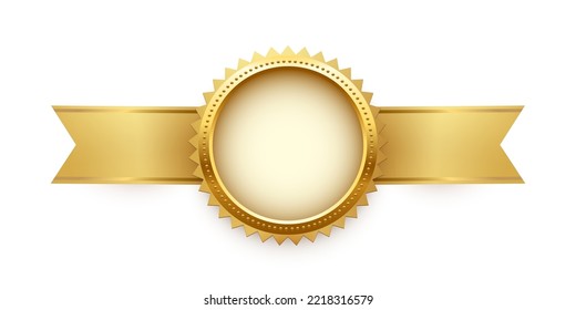 3d gold medal on ribbon, seal trophy vector illustration. Realistic isolated golden circle medallion with frame for official winner, honor prize badge for best quality and victory of champion