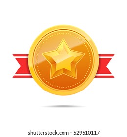 3D Gold medal and red ribbon. Winner award icon. Best choice badge. Vector illustration