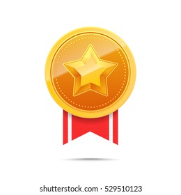 3D Gold medal and red ribbon. Winner award icon. Best choice badge. Vector illustration