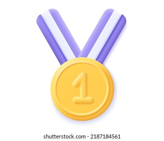 3d gold medal with ribbon icon. Render premium quality concept. Golden 1st place badge and sport game golden challenge award. 3d medal vector cartoon minimal illustration