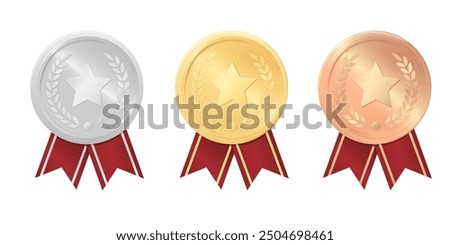 3d gold medal, silver medal and bronze medal with red ribbons and stars