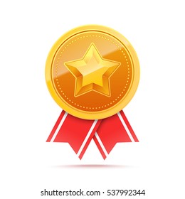 3D Gold medal with star and red ribbon. Winner award icon. Best choice badge. Vector illustration