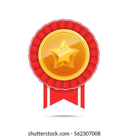 3D Gold medal with star and red ribbon. Winner award icon. Best choice badge. Vector illustration.