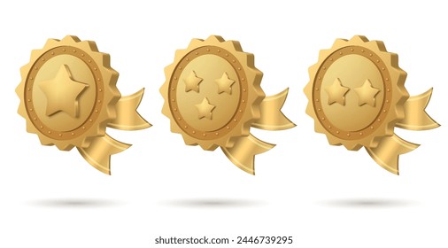 3D gold medal with star and ribbon. Certificate sign, awards 1, 2, 3 stars.