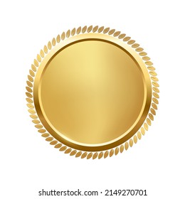 3d gold medallion and circular decoration from laurel leaves vector illustration. Realistic golden round award vip object with glow light effect, victory or anniversary medal isolated on white