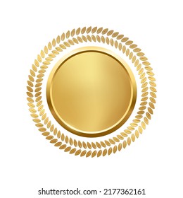 3d gold medallion and circular decoration from laurel leaves vector illustration. Realistic golden round award vip object with glow light effect, victory or anniversary medal isolated on white