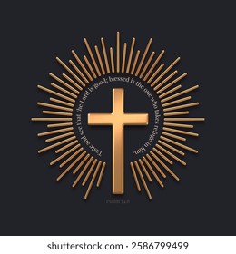 3d gold metal catholic cross with sunburst and psalm quote. Golden latin religious cross. Vector illustration.