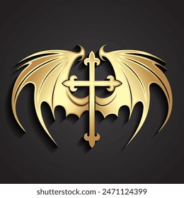 3d gold metal cross with demon wings symbol