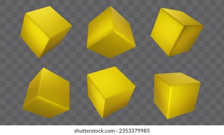 Representación vectorial de caja de cubo de metal dorado 3d. Forma cuadrada brillante dorada aislada en segundo plano. Icono de escenario cúbico realista con un ángulo y un conjunto lateral diferentes. Podio o paquete de geometría deluxe metálica