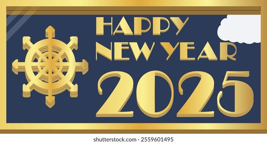 3d gold metal happy new year 2025 on mirror, banner, snowflake, golden
