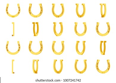 3d Gold metal horseshoe luck fortune symbol talisman Rotation Animation Frames Set Flat Design Vector Illustration