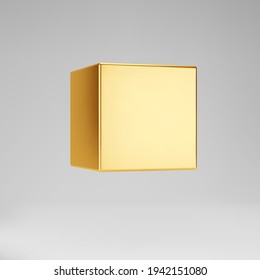 3d gold metallic cube isolated on grey background. Render a rotating glossy golden 3d box model in perspective with lighting and shadow. Realistic vector geometric shape