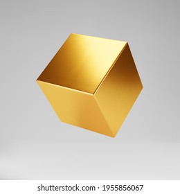 3d gold metallic cube isolated on grey background. Render a rotating glossy golden 3d box model in perspective with lighting and shadow. Realistic vector geometric shape