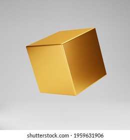 3d gold metallic cube isolated on grey background. Render a rotating glossy golden 3d box model in perspective with lighting and shadow. Realistic vector geometric shape